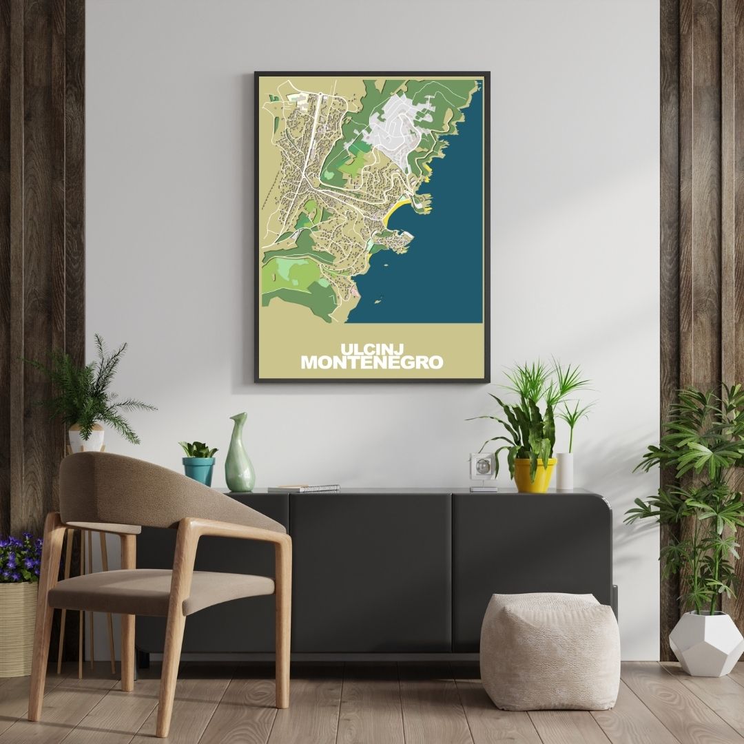 COLOURED ROAD MAP OF ULCINJ, MONTENEGRO BY MAPBAKES