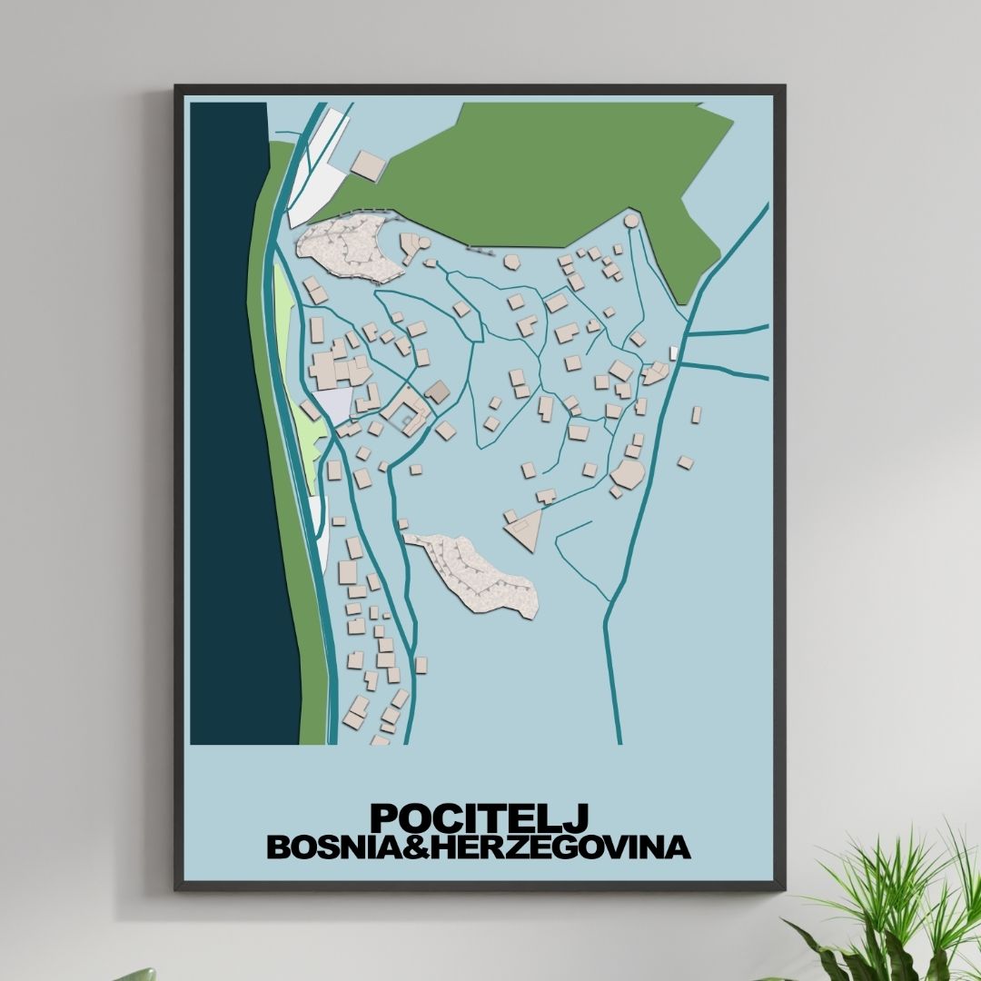 COLOURED ROAD MAP OF POCITELJ, BOSNIA & HERZEGOVINA BY MAPBAKES