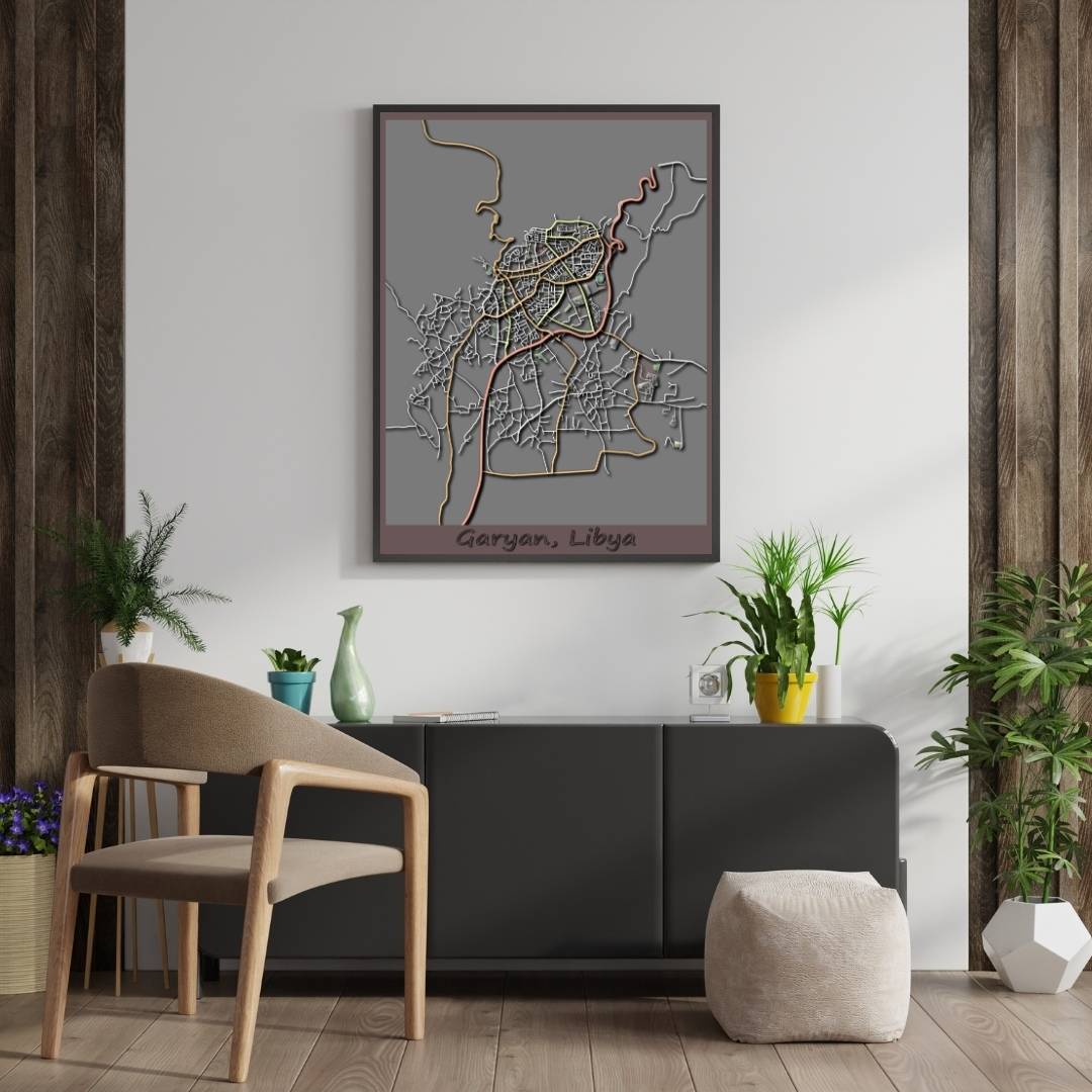 COLOURED ROAD MAP OF GARYAN, LIBYA BY MAPBAKES