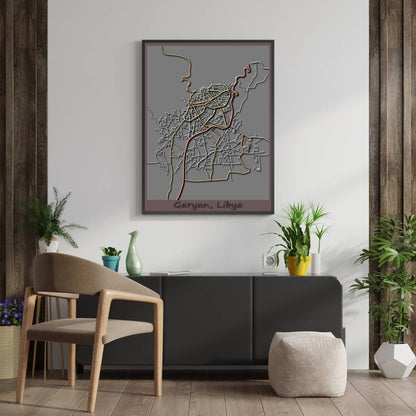 COLOURED ROAD MAP OF GARYAN, LIBYA BY MAPBAKES