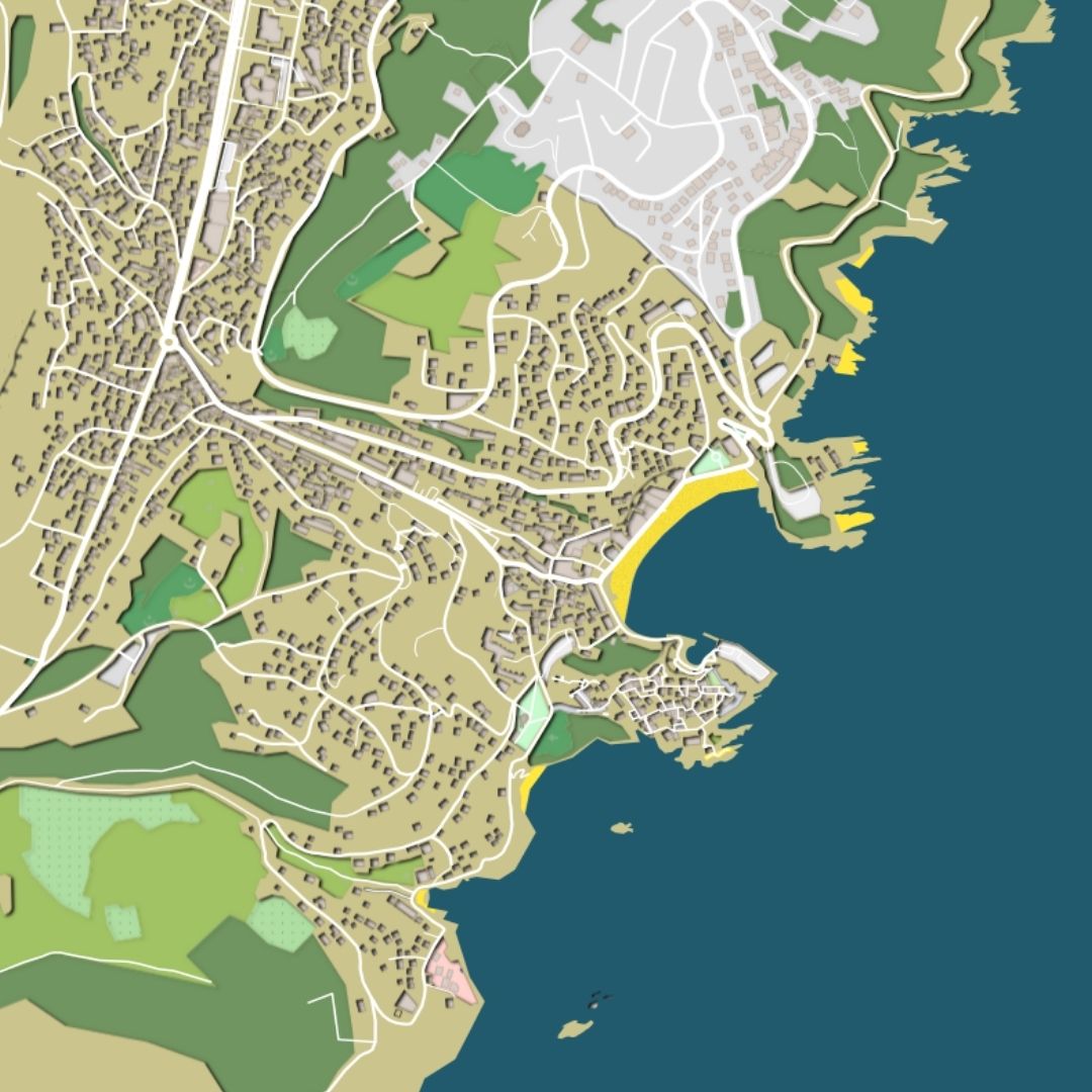 COLOURED ROAD MAP OF ULCINJ, MONTENEGRO BY MAPBAKES
