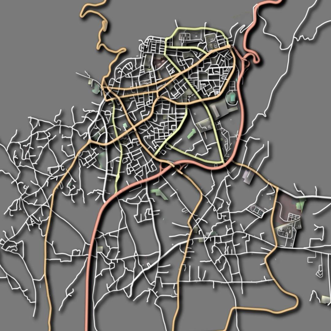 COLOURED ROAD MAP OF GARYAN, LIBYA BY MAPBAKES
