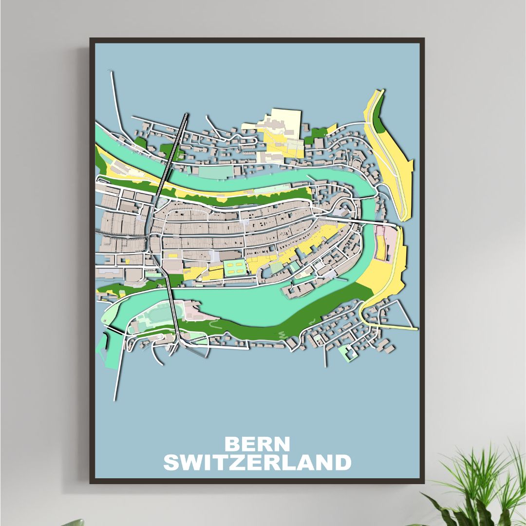 COLOURED ROAD MAP OF BERN, SWITZERLAND BY MAPBAKES