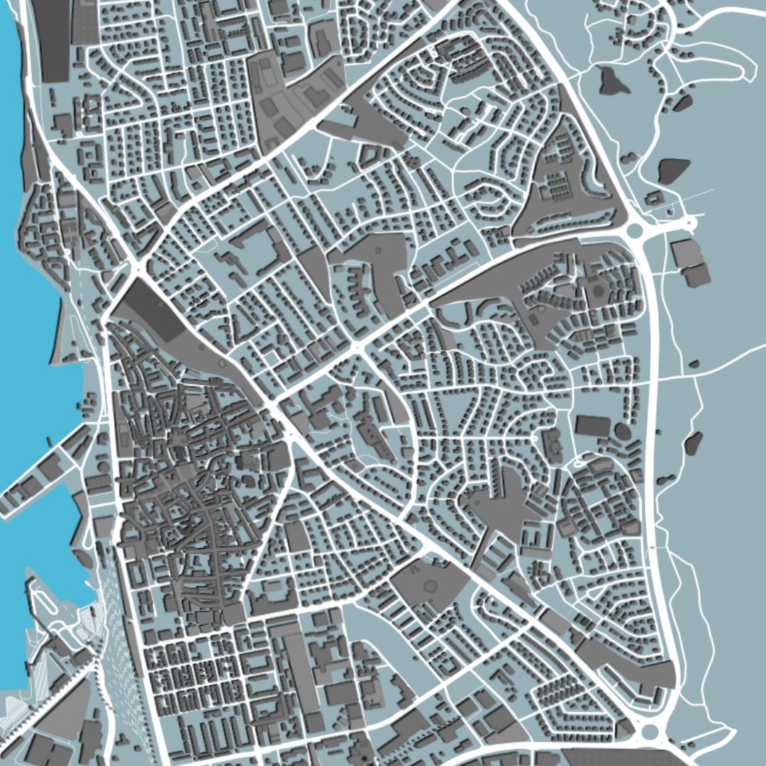 COLOURED ROAD MAP OF YSTAD, SWEDEN BY MAPBAKES