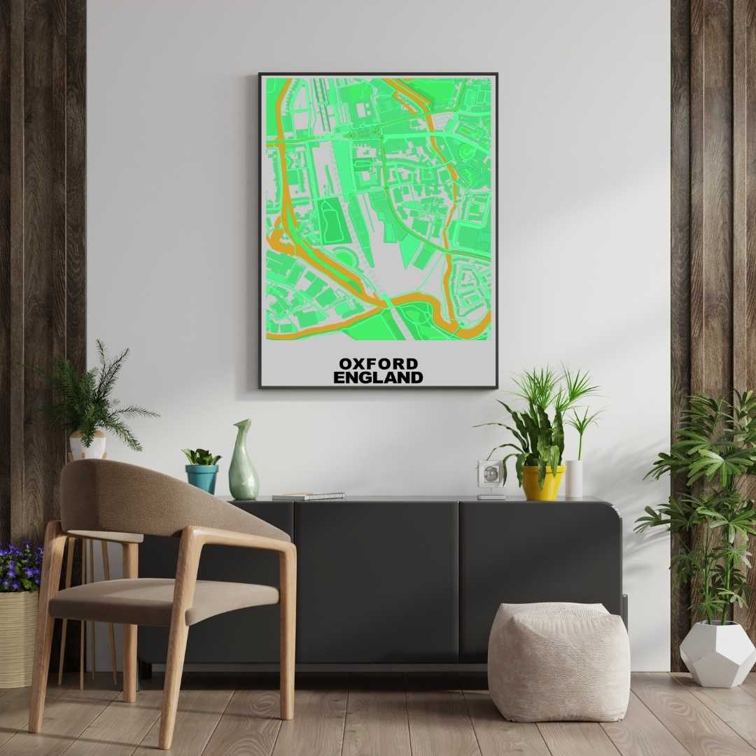 COLOURED ROAD MAP OF OXFORD, ENGLAND BY MAPBAKES