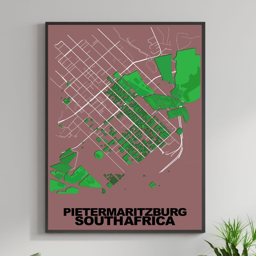 COLOURED ROAD MAP OF PIETERMARITZBURG, SOUTH AFRICA BY MAPBAKES