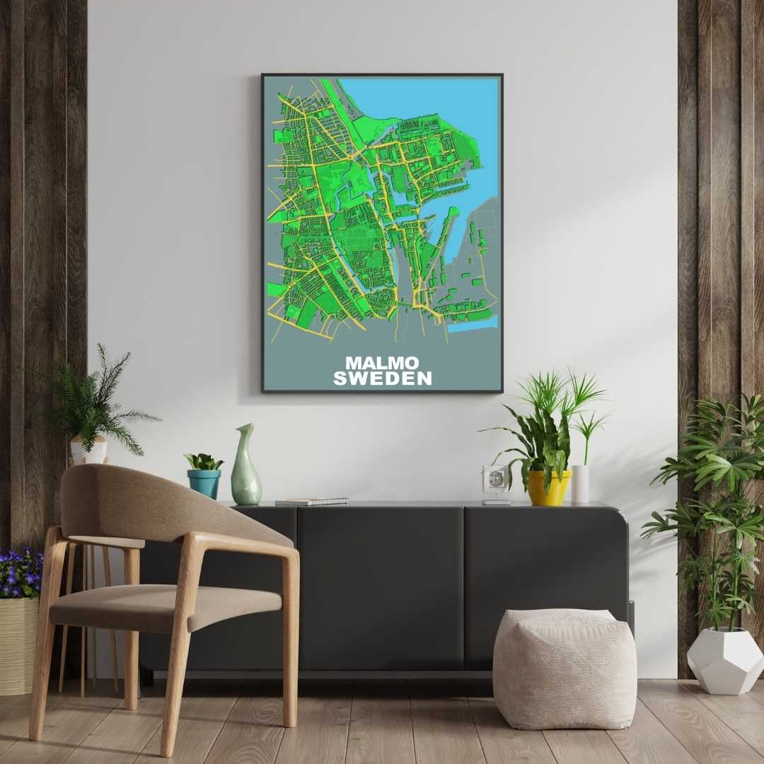 COLOURED ROAD MAP OF MALMO, SWEDEN BY MAPBAKES