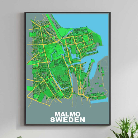 COLOURED ROAD MAP OF MALMO, SWEDEN BY MAPBAKES