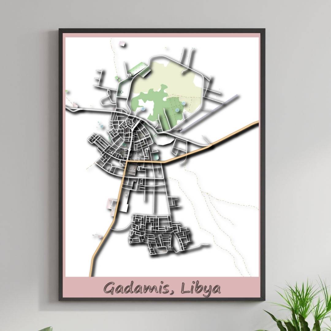 COLOURED ROAD MAP OF GADAMIS, LIBYA BY MAPBAKES