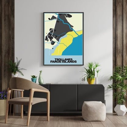 COLOURED ROAD MAP OF TROLLANES, FAROE ISLANDS BY MAPBAKES