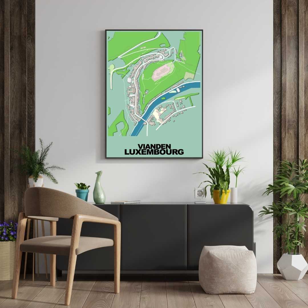 COLOURED ROAD MAP OF VIANDEN, LUXEMBOURG BY MAPBAKES
