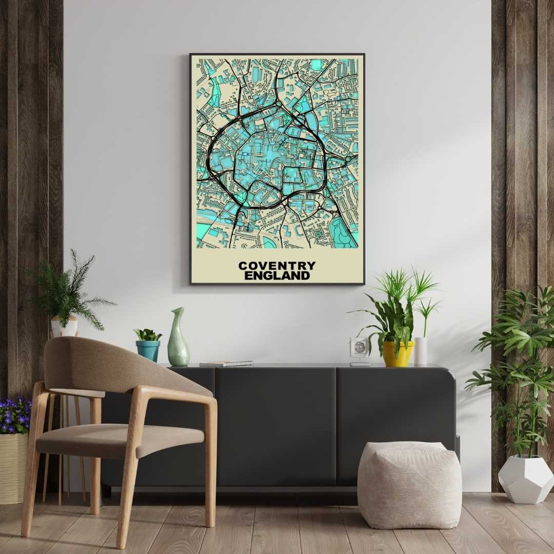COLOURED ROAD MAP OF COVENTRY, ENGLAND BY MAPBAKES
