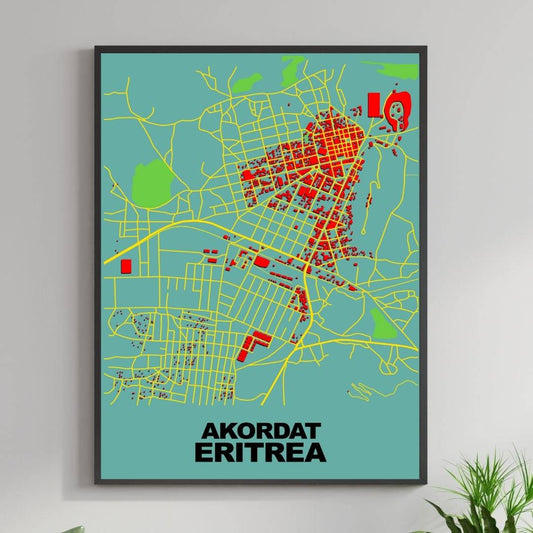 COLOURED ROAD MAP OF AKORDAT, ERITREA BY MAPBAKES