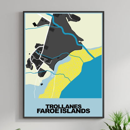 COLOURED ROAD MAP OF TROLLANES, FAROE ISLANDS BY MAPBAKES