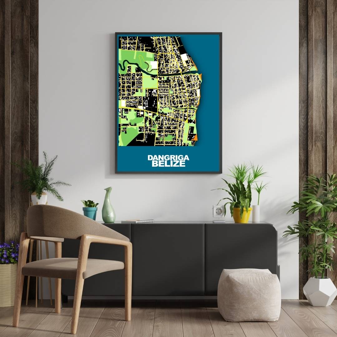 COLOURED ROAD MAP OF DANGRIGA, BELIZE BY MAPBAKES