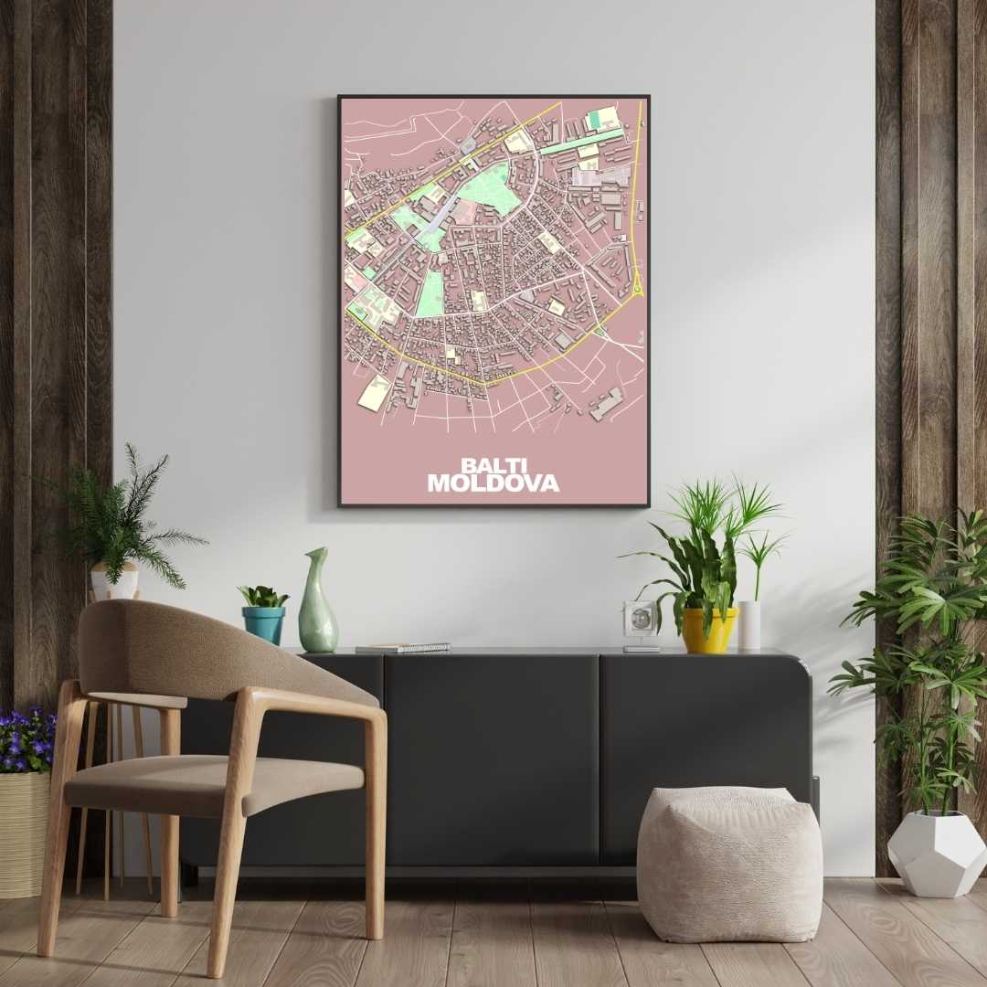 COLOURED ROAD MAP OF BALTI, MOLDOVA BY MAPBAKES