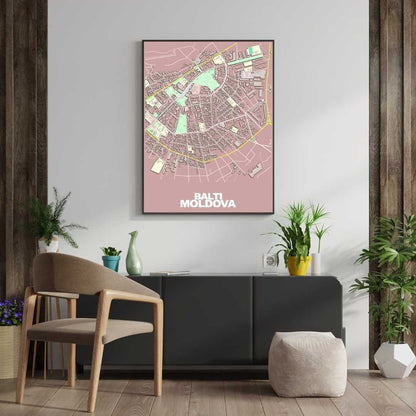 COLOURED ROAD MAP OF BALTI, MOLDOVA BY MAPBAKES