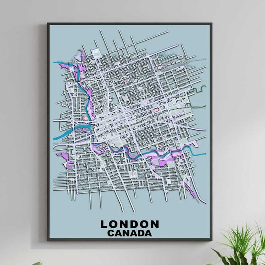 COLOURED ROAD MAP OF LONDON, CANADA BY MAPBAKES