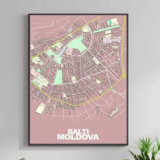 COLOURED ROAD MAP OF BALTI, MOLDOVA BY MAPBAKES