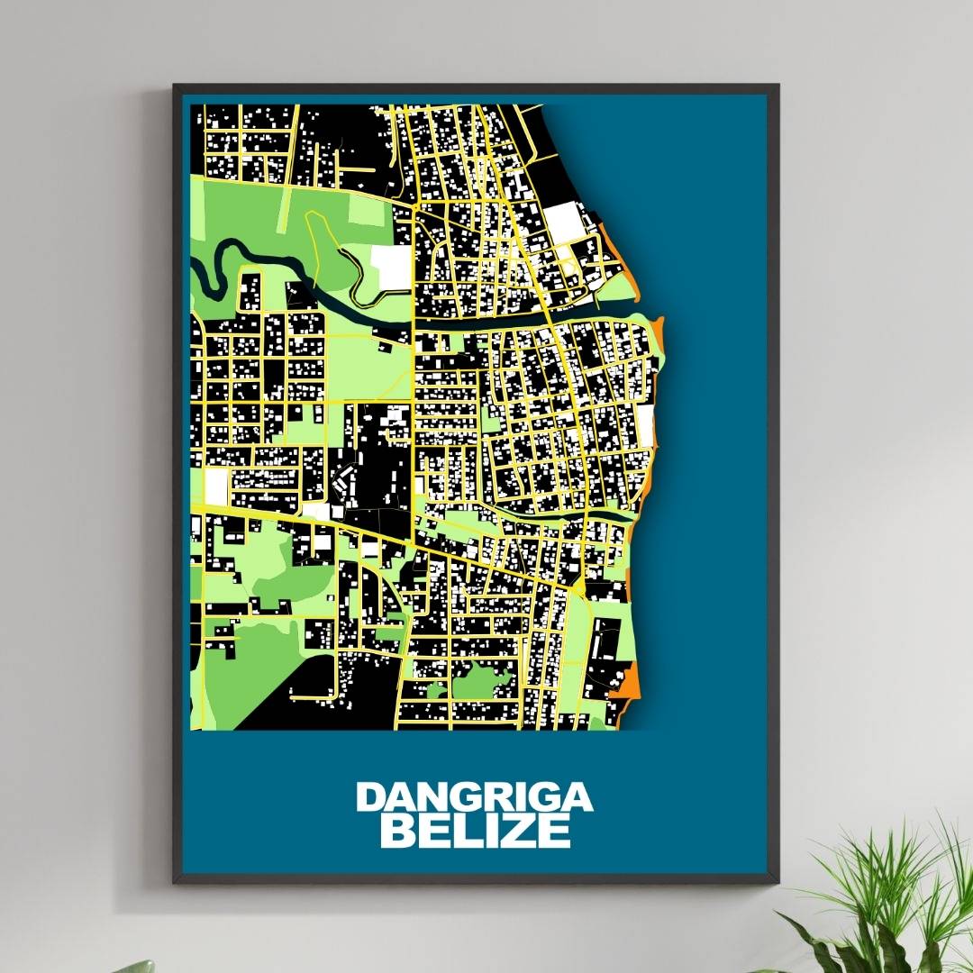 COLOURED ROAD MAP OF DANGRIGA, BELIZE BY MAPBAKES