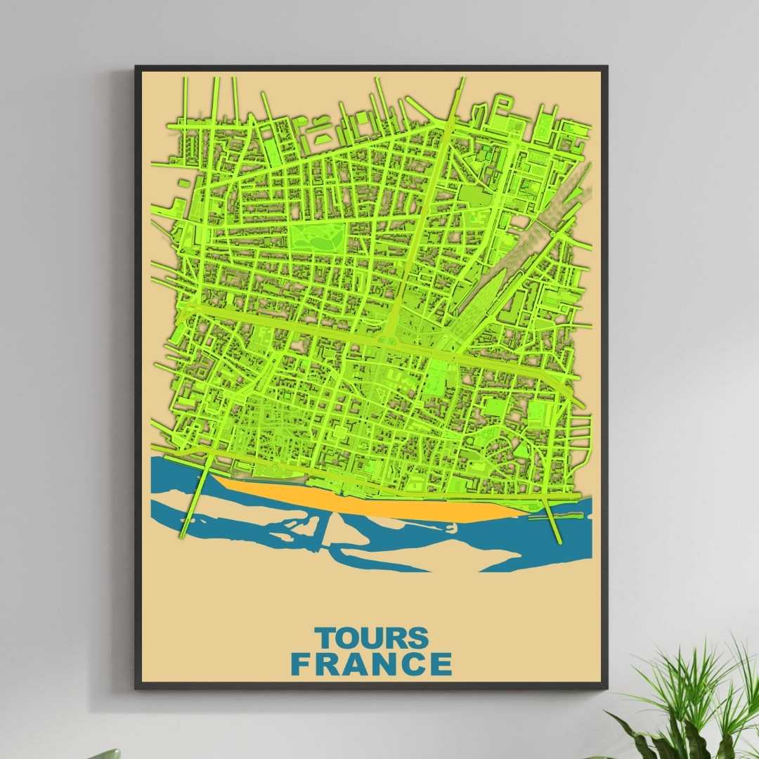 COLOURED ROAD MAP OF TOURS, FRANCE BY MAPBAKES