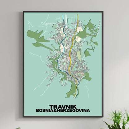 COLOURED ROAD MAP OF TRAVNIK, BOSNIA & HERZEGOVINA BY MAPBAKES