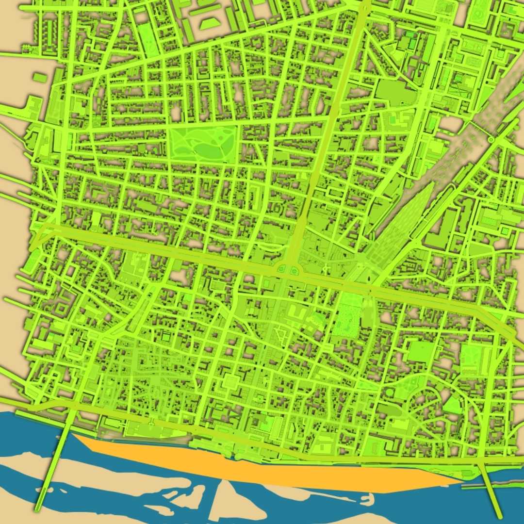 COLOURED ROAD MAP OF TOURS, FRANCE BY MAPBAKES