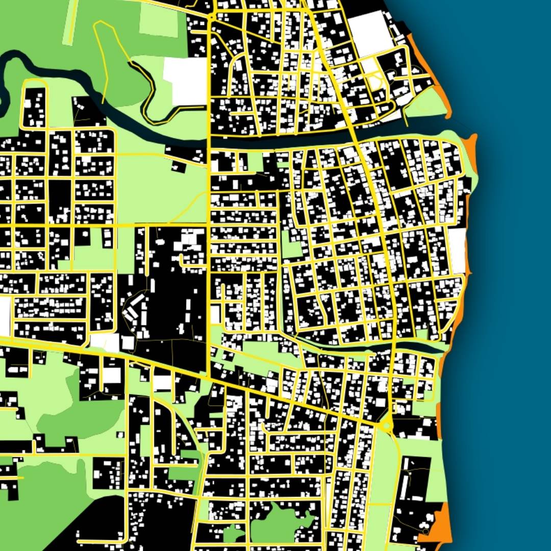 COLOURED ROAD MAP OF DANGRIGA, BELIZE BY MAPBAKES