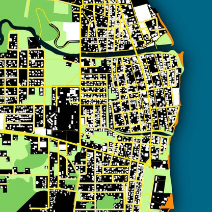 COLOURED ROAD MAP OF DANGRIGA, BELIZE BY MAPBAKES