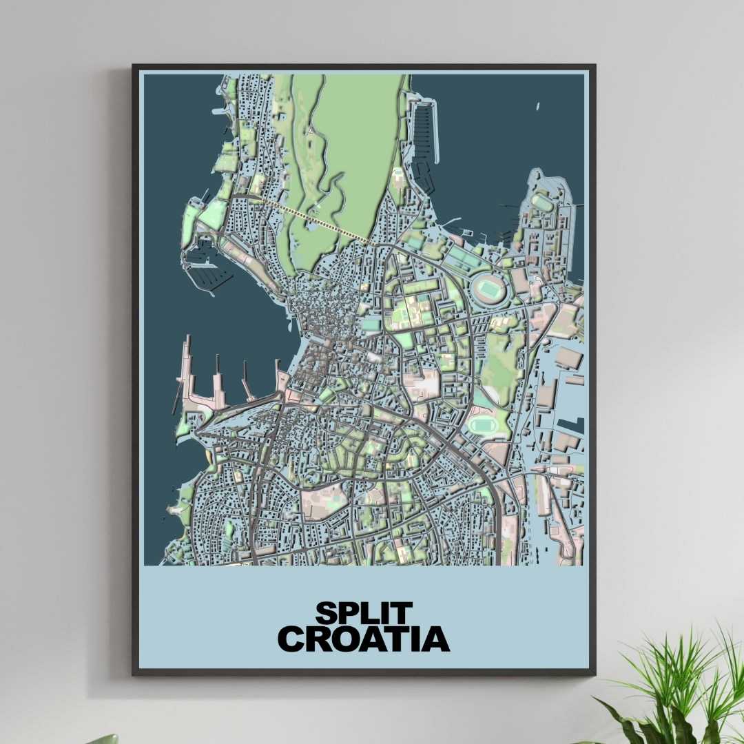 COLOURED ROAD MAP OF SPLIT, CROATIA BY MAPBAKES