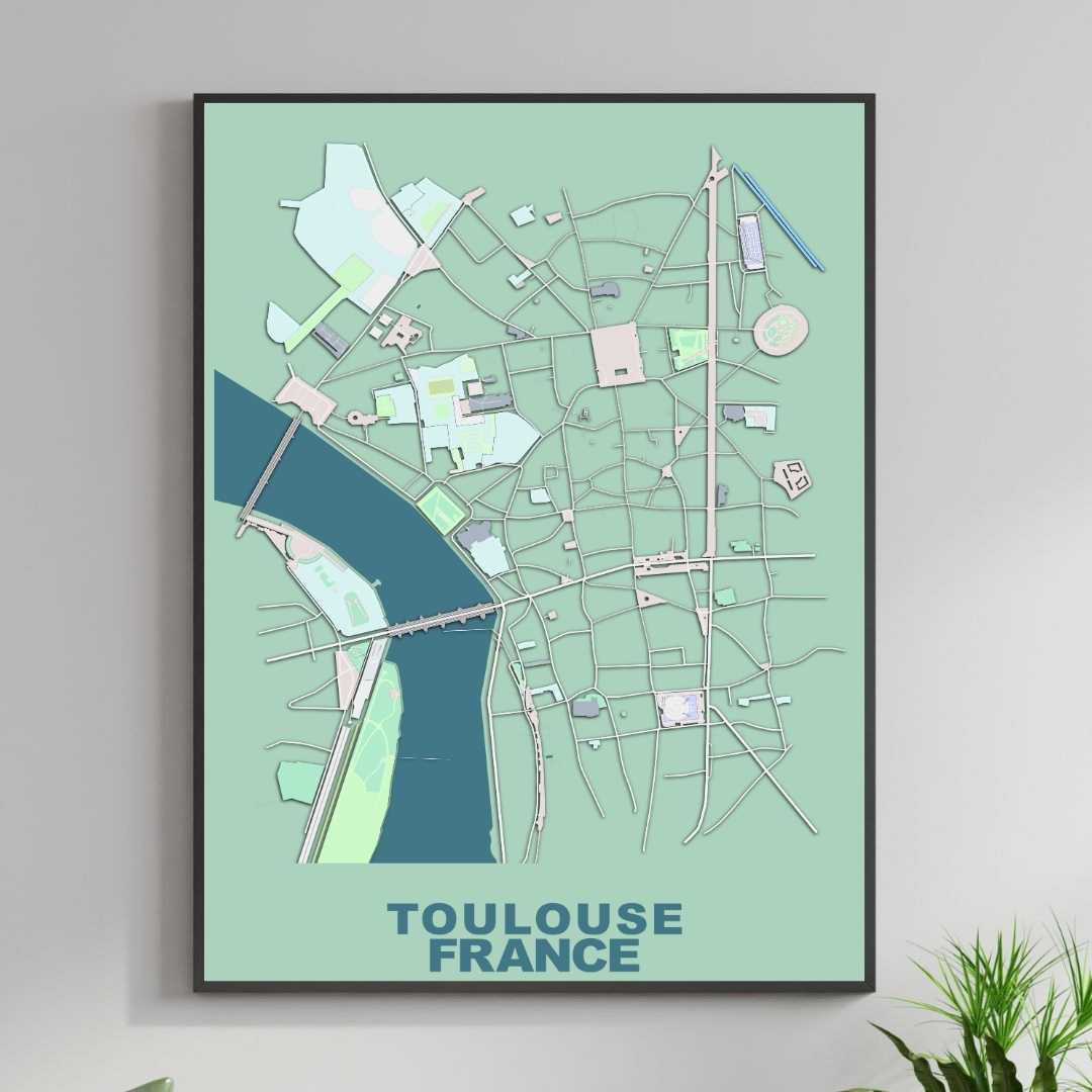 COLOURED ROAD MAP OF TOULOUSE, FRANCE BY MAPBAKES