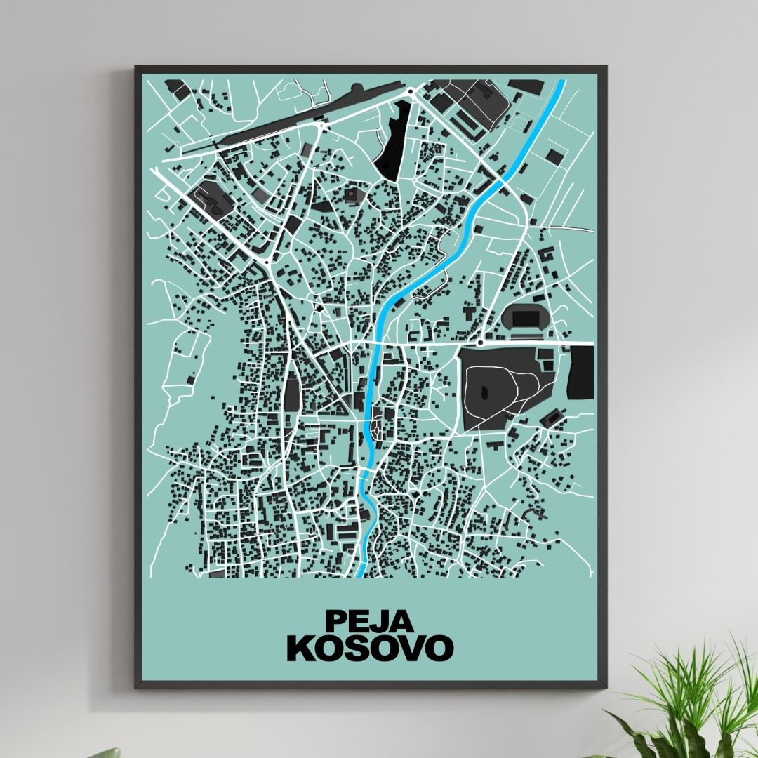 COLOURED ROAD MAP OF PEJA, KOSOVO BY MAPBAKES