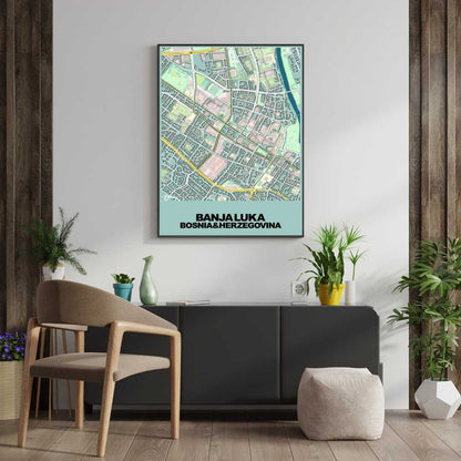 COLOURED ROAD MAP OF BANJA LUKA, BOSNIA & HERZEGOVINA BY MAPBAKES