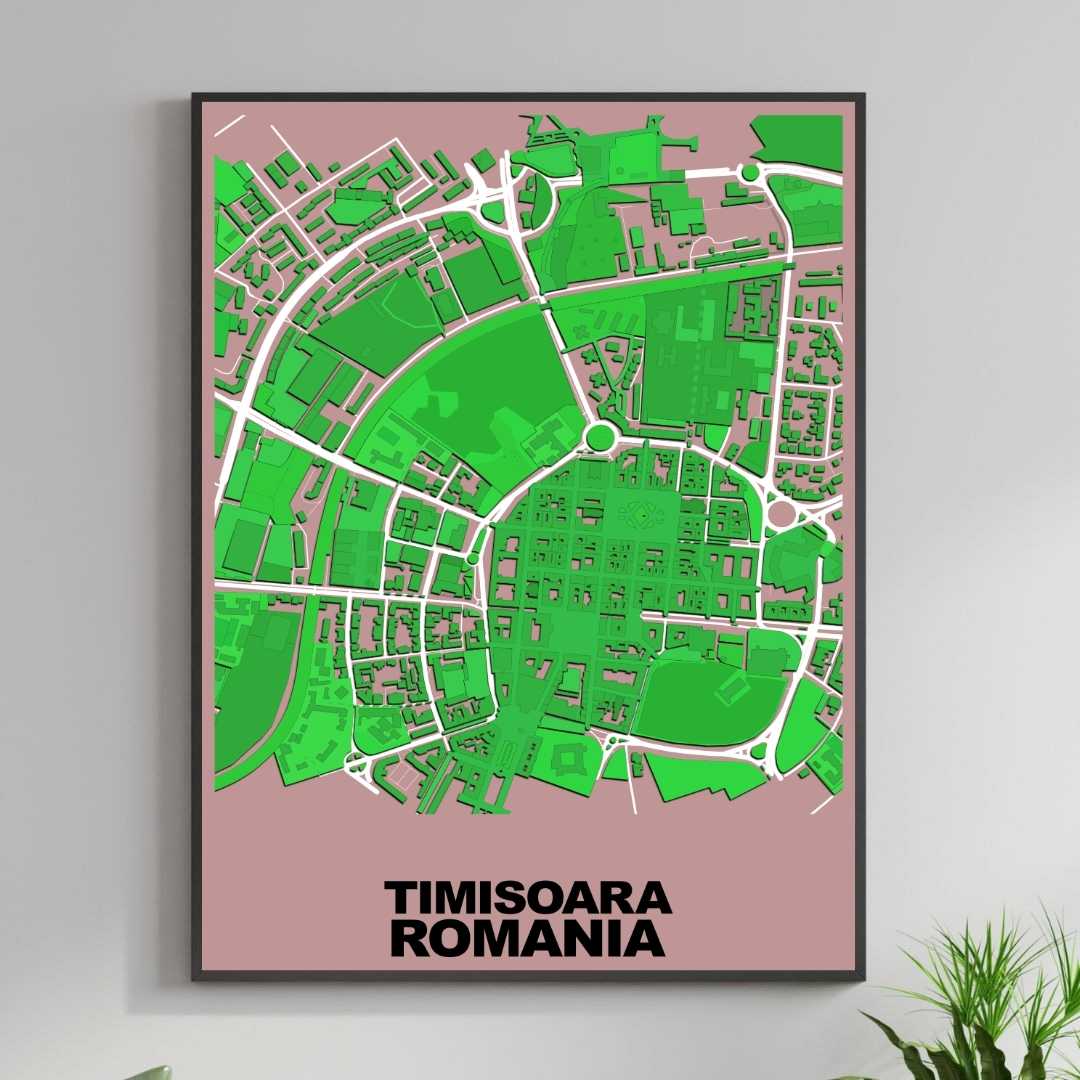 COLOURED ROAD MAP OF TIMISOARA, ROMANIA BY MAPBAKES