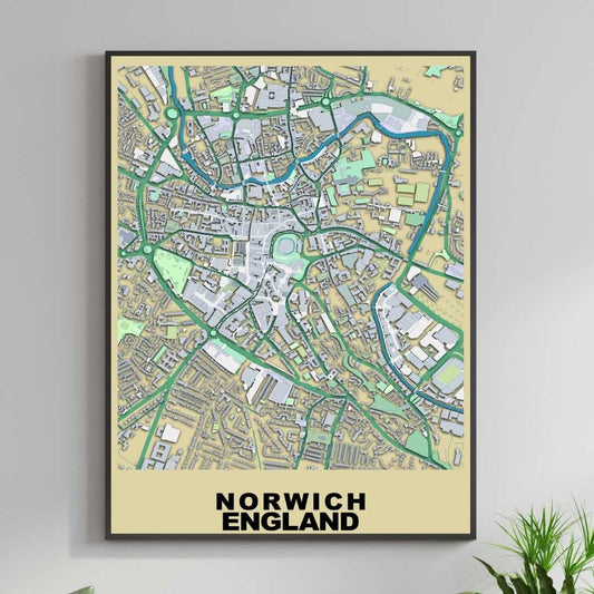 COLOURED ROAD MAP OF NORWICH, ENGLAND BY MAPBAKES