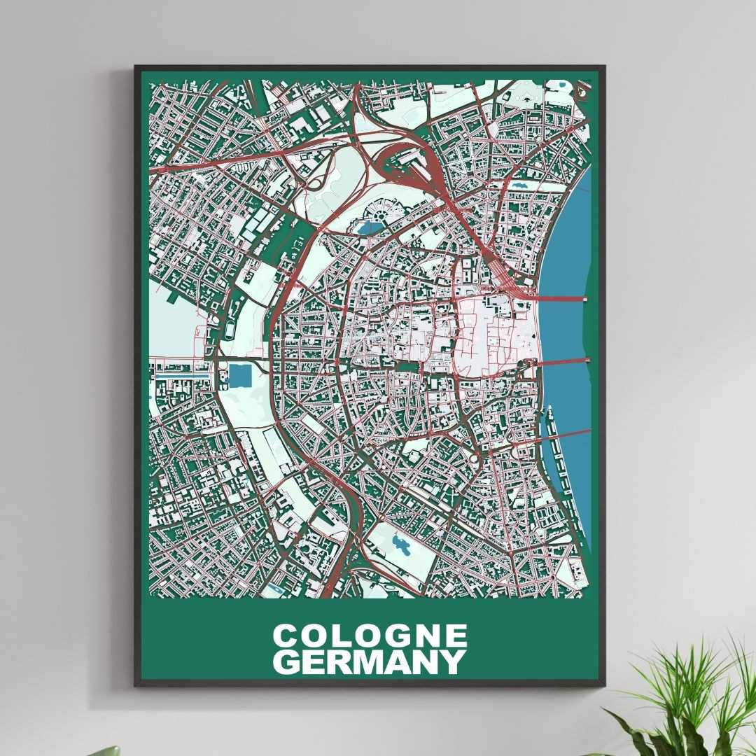 COLOURED ROAD MAP OF COLOGNE, GERMANY BY MAPBAKES