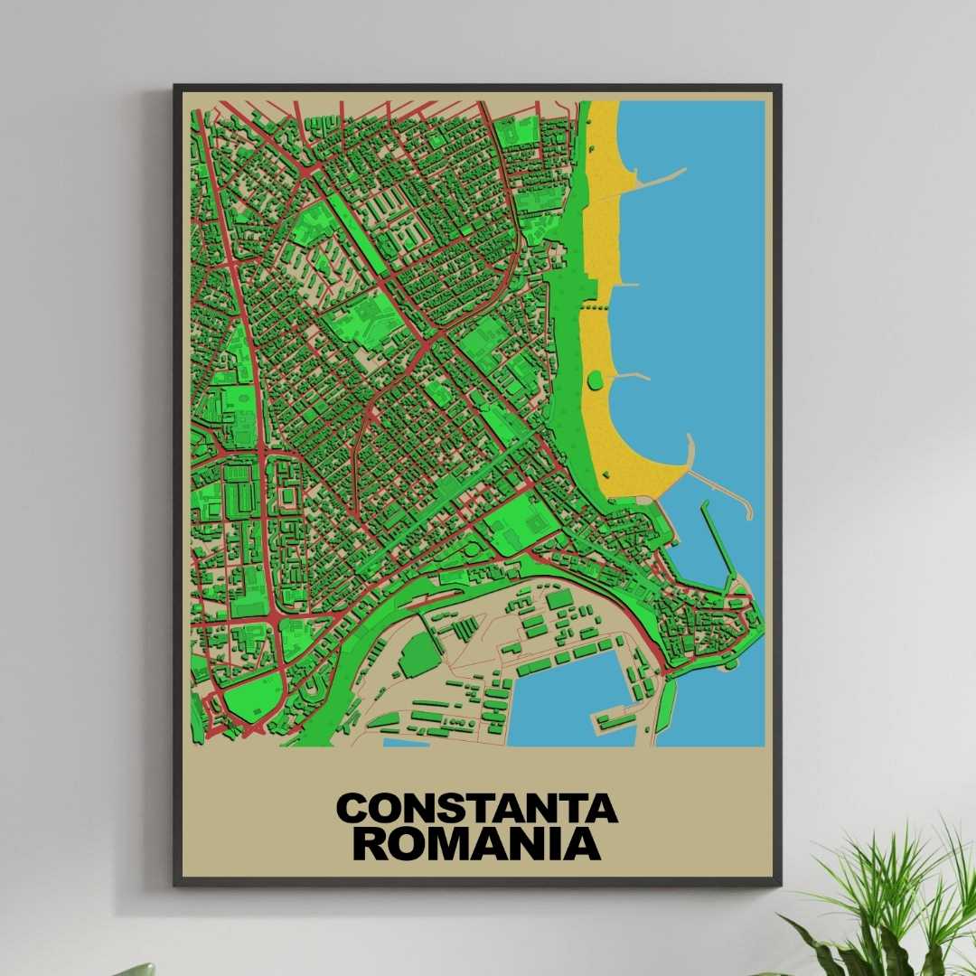 COLOURED ROAD MAP OF CONSTANTA, ROMANIA BY MAPBAKES