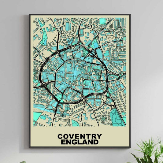 COLOURED ROAD MAP OF COVENTRY, ENGLAND BY MAPBAKES