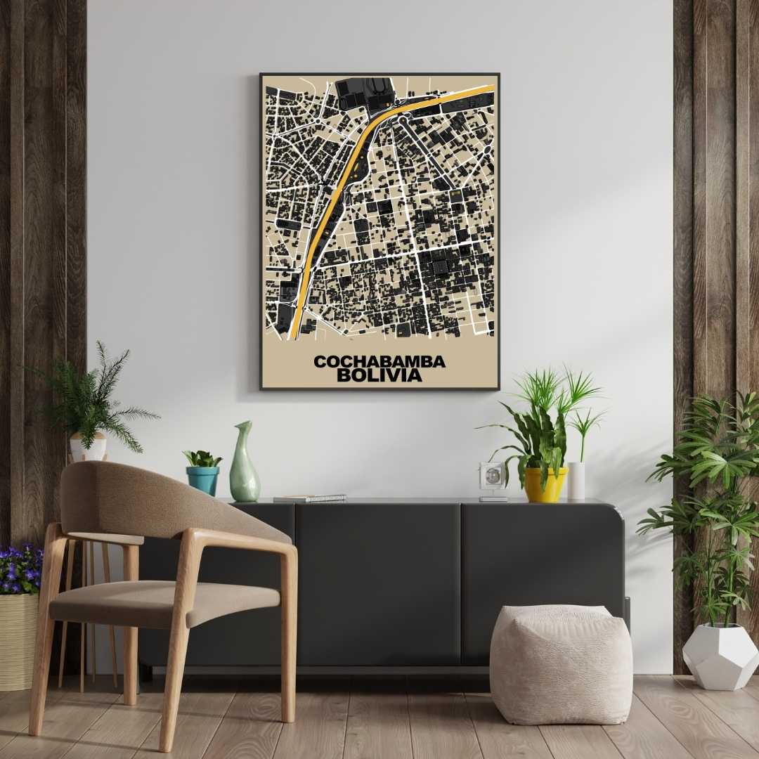 COLOURED ROAD MAP OF COCHABAMBA, BOLIVIA BY MAPBAKES