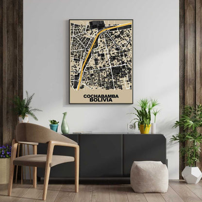 COLOURED ROAD MAP OF COCHABAMBA, BOLIVIA BY MAPBAKES