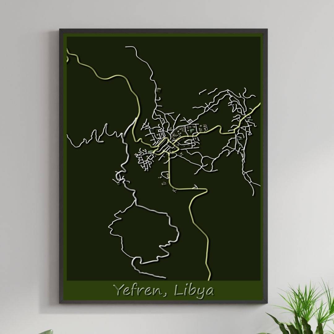COLOURED ROAD MAP OF YEFREN, LIBYA BY MAPBAKES