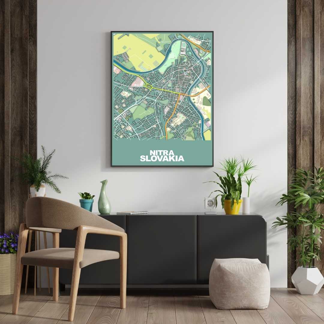 COLOURED ROAD MAP OF NITRA, SLOVAKIA BY MAPBAKES