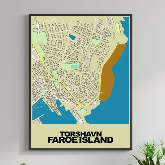 COLOURED ROAD MAP OF TORSHAVN, FAROE ISLANDS BY MAPBAKES