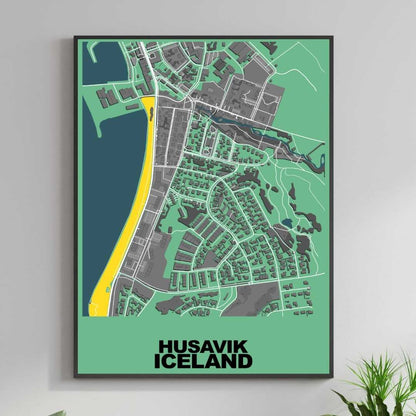 COLOURED ROAD MAP OF HUSAVIK, ICELAND BY MAPBAKES