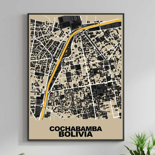 COLOURED ROAD MAP OF COCHABAMBA, BOLIVIA BY MAPBAKES