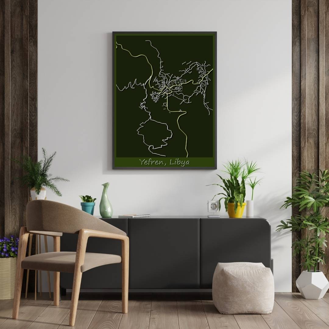 COLOURED ROAD MAP OF YEFREN, LIBYA BY MAPBAKES