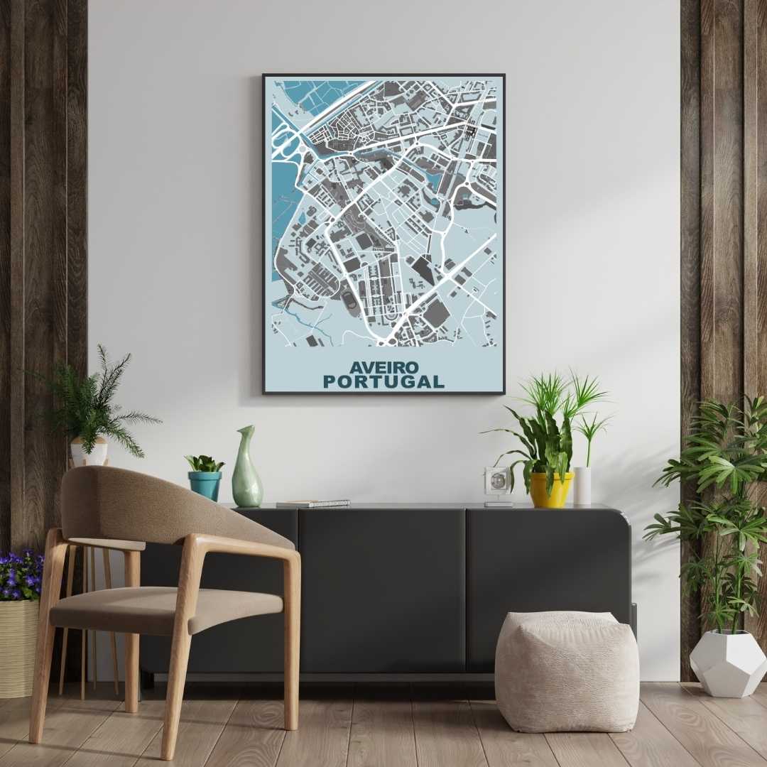 COLOURED ROAD MAP OF AVEIRO, PORTUGAL BY MAPBAKES