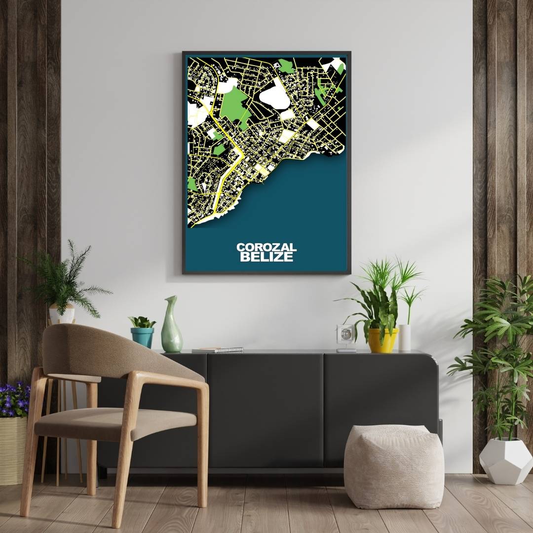 COLOURED ROAD MAP OF COROZAL, BELIZE BY MAPBAKES