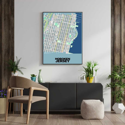 COLOURED ROAD MAP OF HOBOKEN, JERSEY BY MAPBAKES