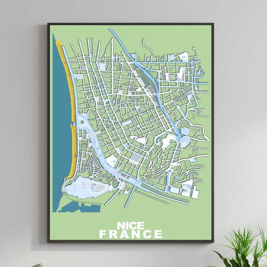 COLOURED ROAD MAP OF NICE, FRANCE BY MAPBAKES